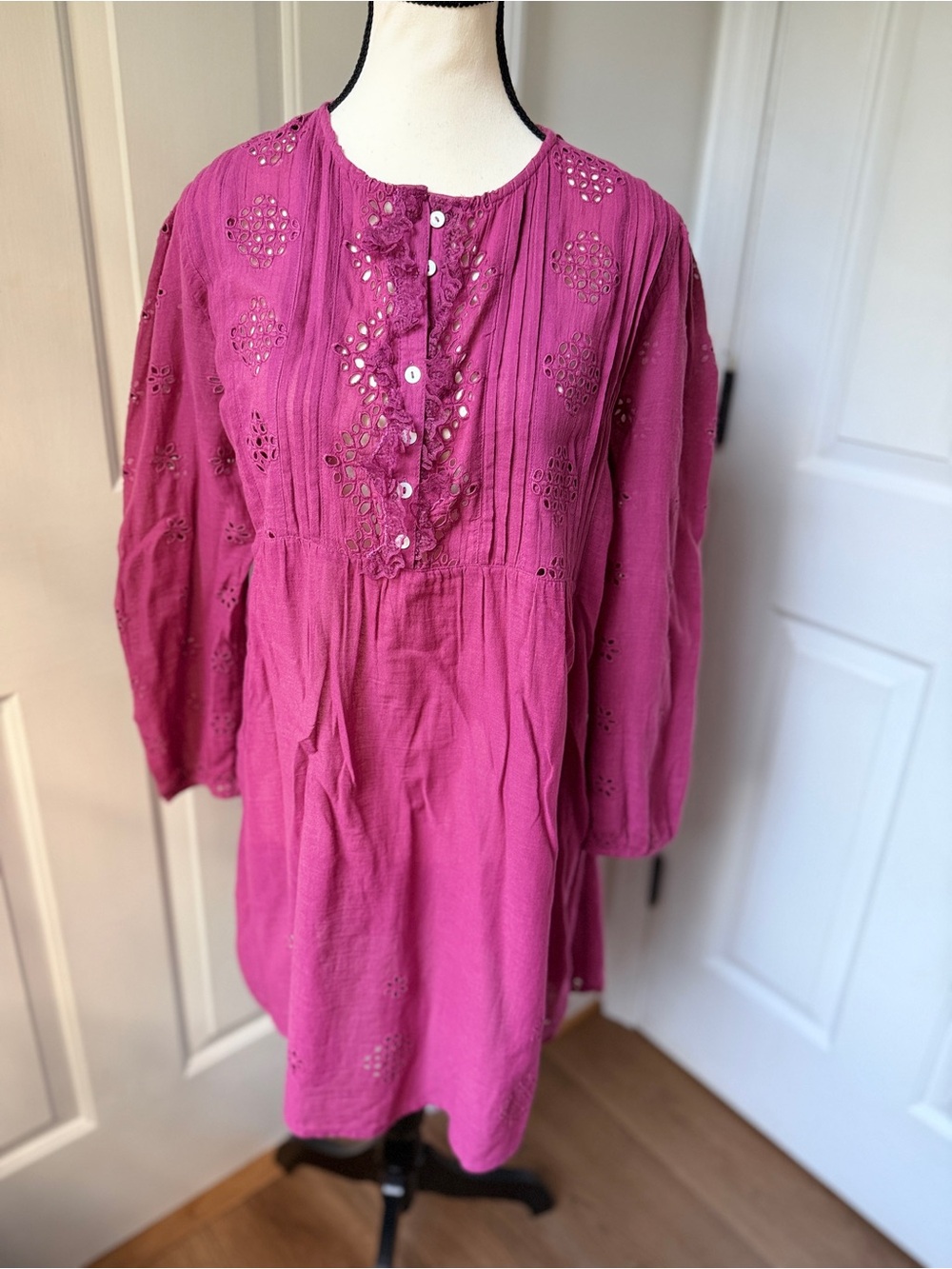 Sundance Chantae Eyelet Dress Henley Placket Pintuck Gauze Romantic Pink Small P